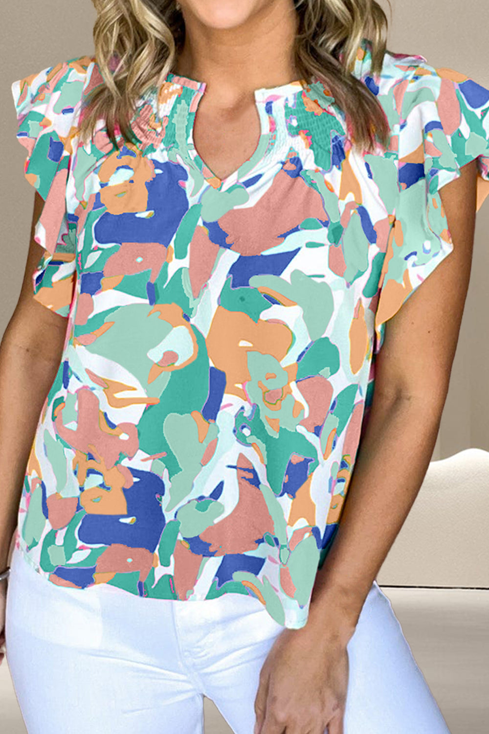 Ruffled Printed Notched Cap Sleeve Blouse Trendsi