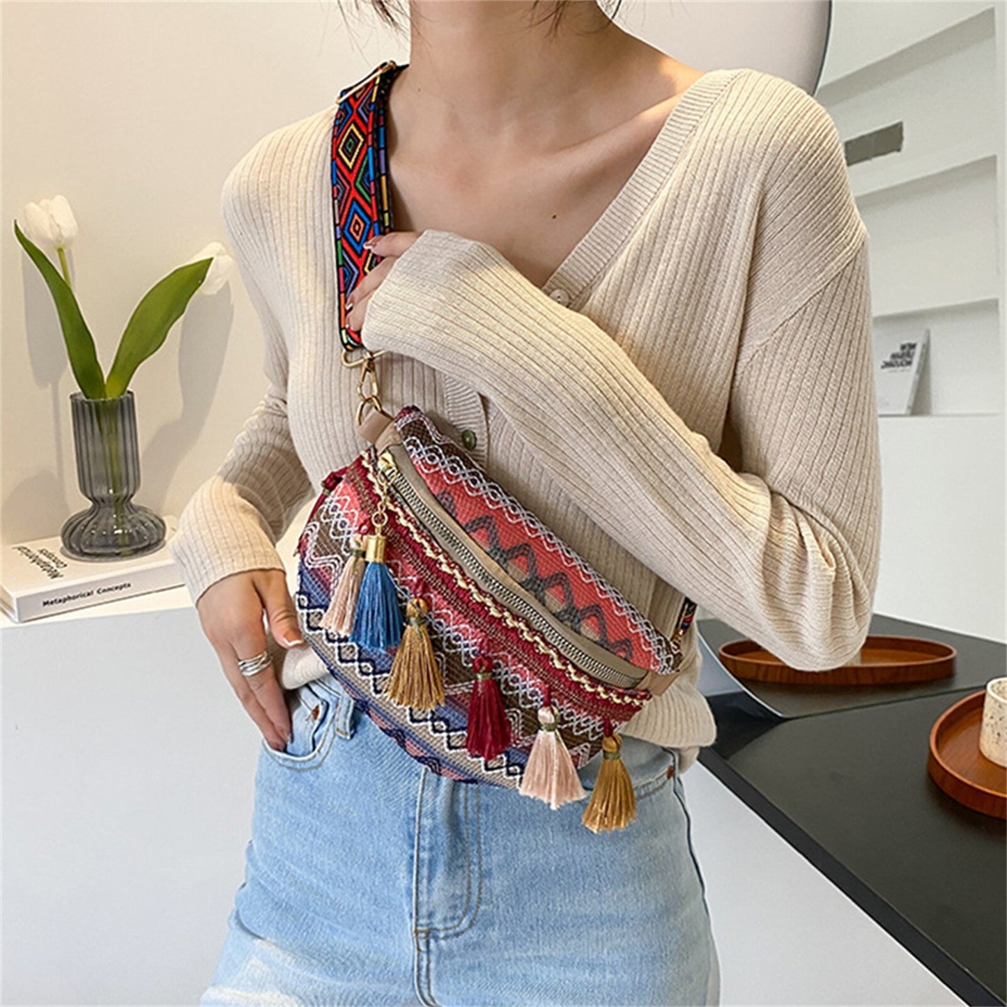 Women Folk Style Waist Bags with Adjustable Strap Zagiz