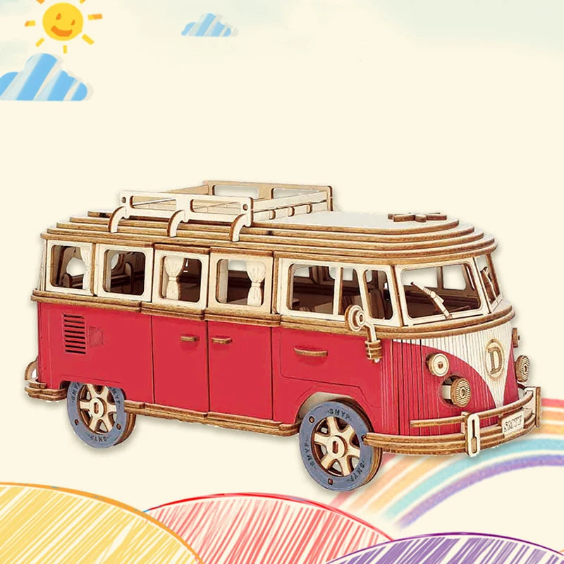 Retro Bus European-style Campervan 3D Wooden Car Puzzle DIY Sailing Ship Airplane Building House Model Jigsaw Toys For Children Zagiz