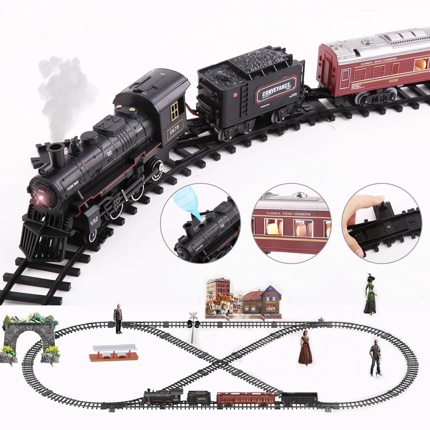 Classical Battery Operate Electric Railway Train Steam Locomotive Set Adding Water to Smoke Train Toys with Light&Sound Zagiz