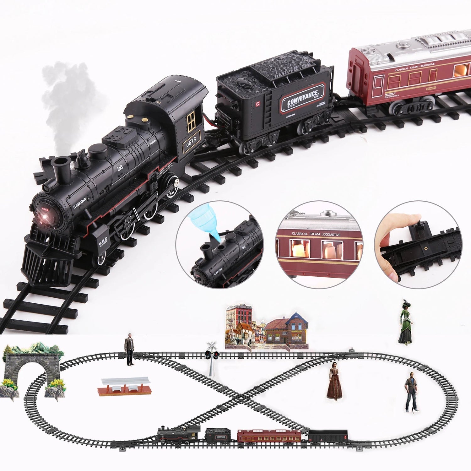 Classical Battery Operate Electric Railway Train Steam Locomotive Set Adding Water to Smoke Train Toys with Light&Sound    Zagiz