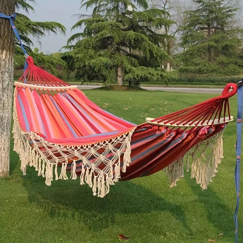 Bohemian Double Hammock for 2 Person, Red White Striped Pattern with Tassels, Heavy Duty Rope Outdoor Hammock with Carry Bag Zagiz