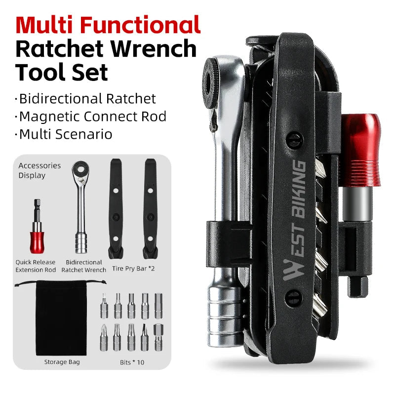 WEST BIKING Portable Ratchet Wrench Kit Multifunction Bicycle Tools 14 In 1 Multitool Set Tyre Lever MTB Road Bike Gadgets Zagiz