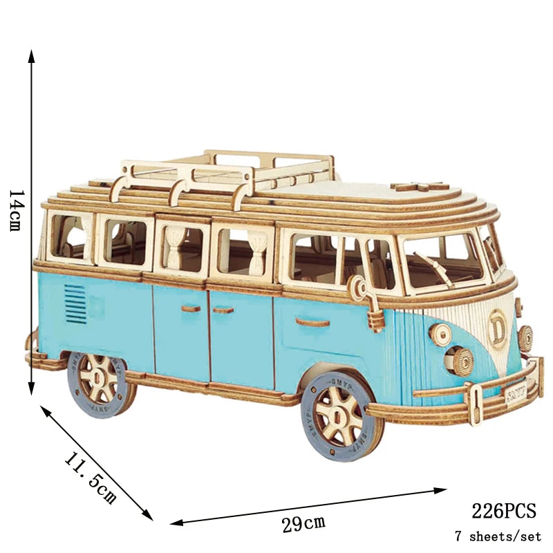 Retro Bus European-style Campervan 3D Wooden Car Puzzle DIY Sailing Ship Airplane Building House Model Jigsaw Toys For Children Zagiz