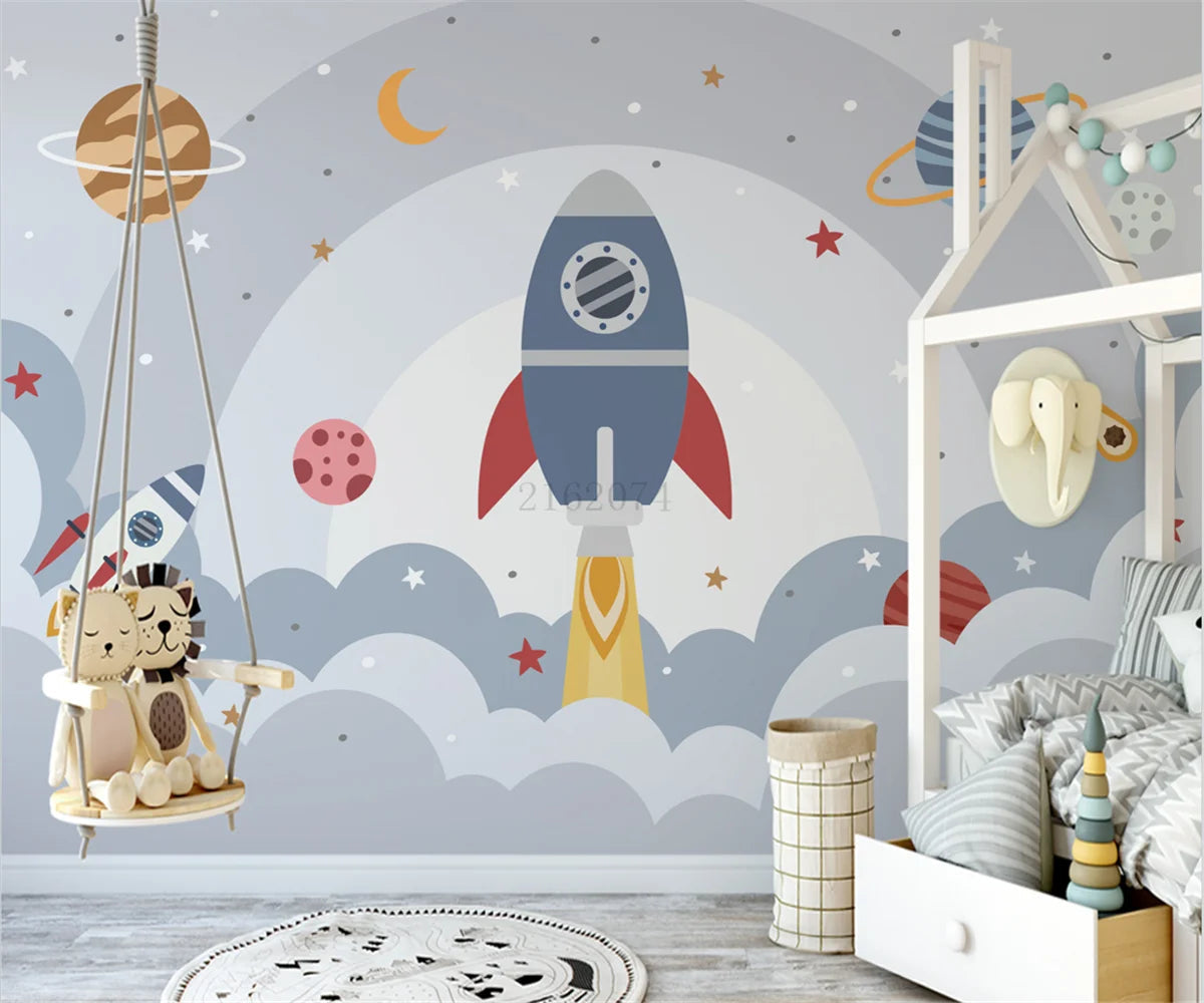 photo wallpaper Nordic modern hand-painted cartoon space universe planet rocket children's room background Decorative painting Zagiz