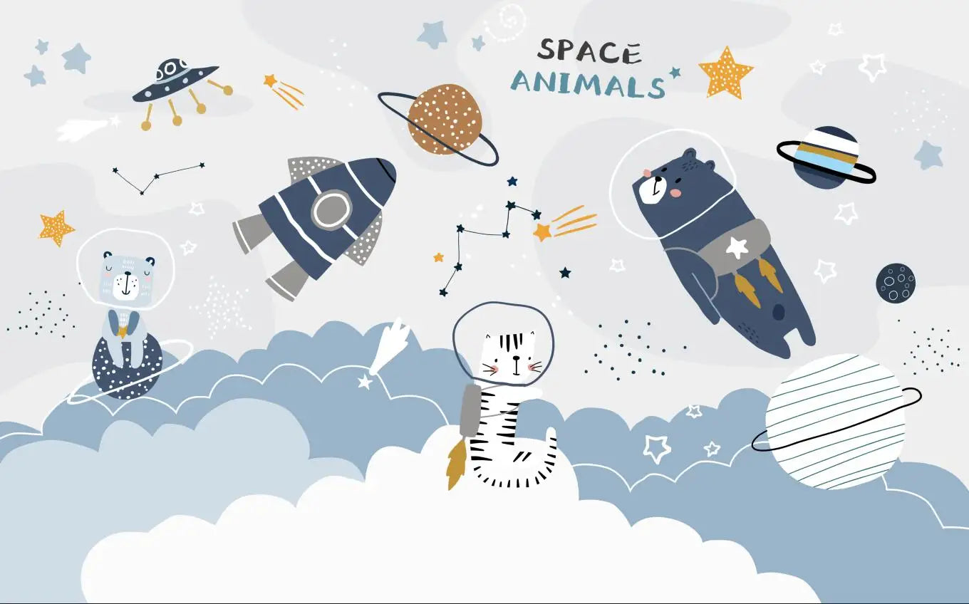 photo wallpaper Nordic modern hand-painted cartoon space universe planet rocket children's room background Decorative painting Zagiz