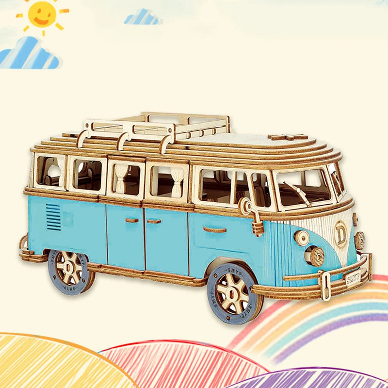 Retro Bus European-style Campervan 3D Wooden Car Puzzle DIY Sailing Ship Airplane Building House Model Jigsaw Toys For Children Zagiz