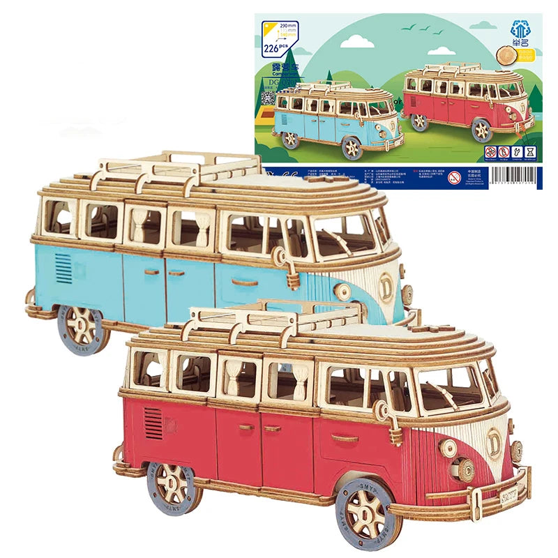Retro Bus European-style Campervan 3D Wooden Car Puzzle DIY Sailing Ship Airplane Building House Model Jigsaw Toys For Children Zagiz