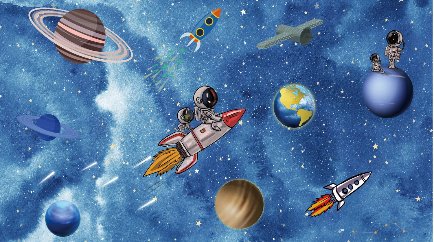 photo wallpaper Nordic modern hand-painted cartoon space universe planet rocket children's room background Decorative painting Zagiz