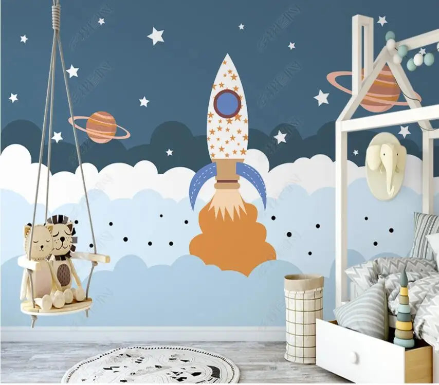 photo wallpaper Nordic modern hand-painted cartoon space universe planet rocket children's room background Decorative painting Zagiz