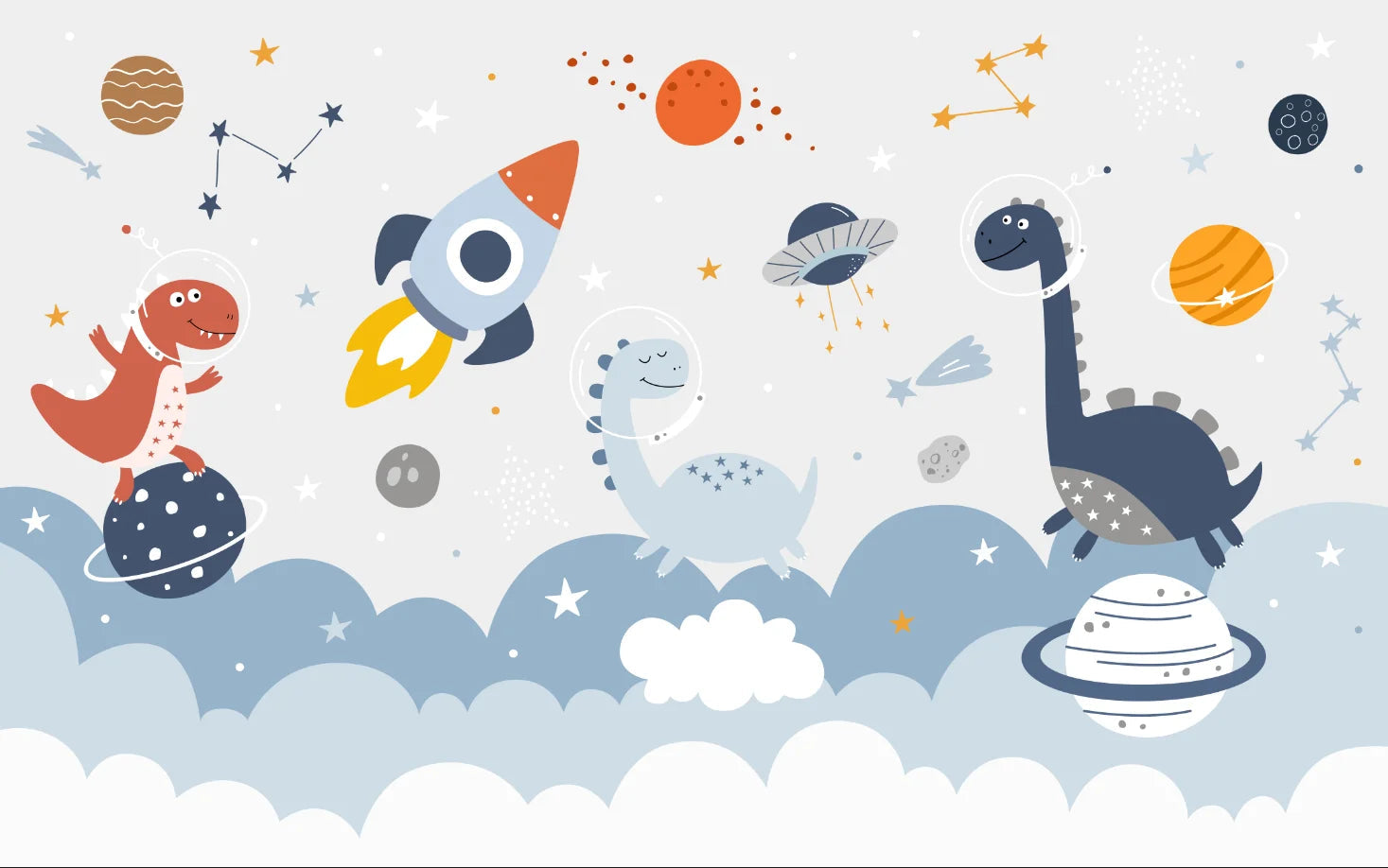 photo wallpaper Nordic modern hand-painted cartoon space universe planet rocket children's room background Decorative painting Zagiz