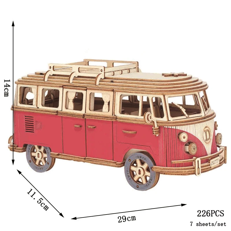 Retro Bus European-style Campervan 3D Wooden Car Puzzle DIY Sailing Ship Airplane Building House Model Jigsaw Toys For Children Zagiz