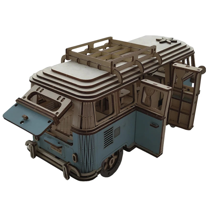 Retro Bus European-style Campervan 3D Wooden Car Puzzle DIY Sailing Ship Airplane Building House Model Jigsaw Toys For Children Zagiz