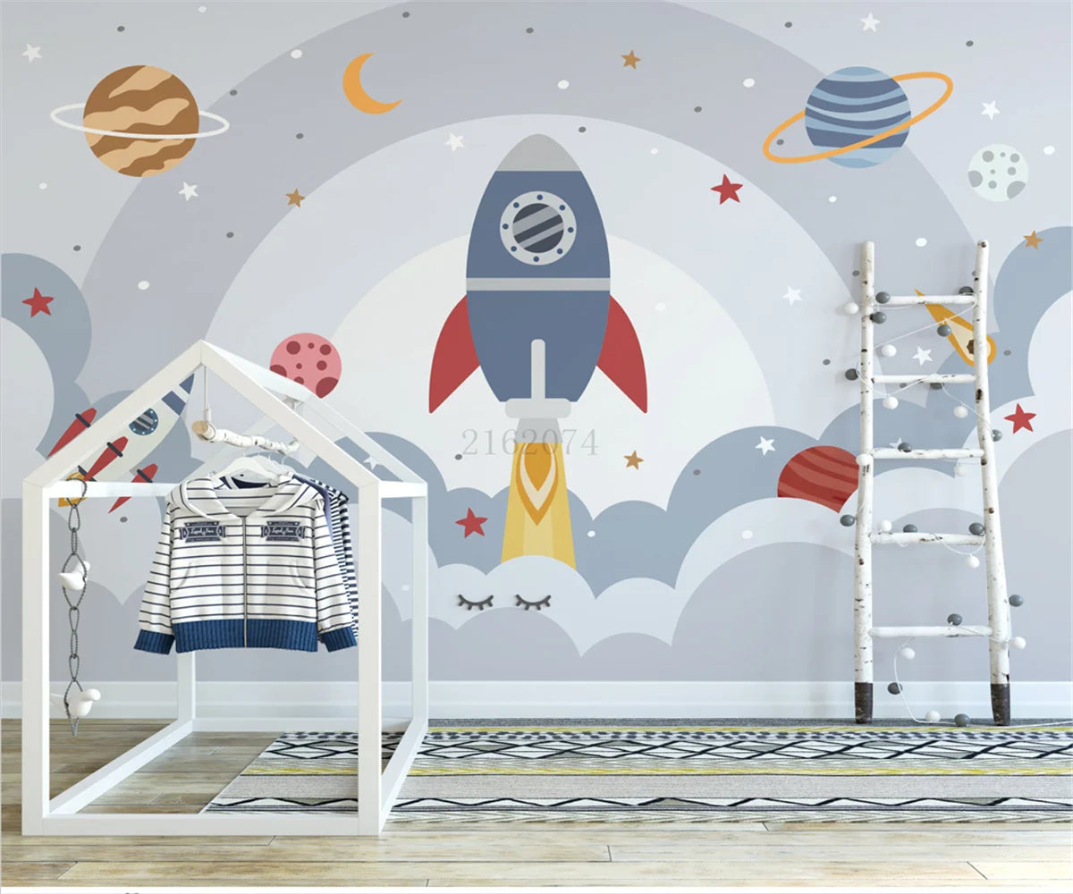 photo wallpaper Nordic modern hand-painted cartoon space universe planet rocket children's room background Decorative painting Zagiz