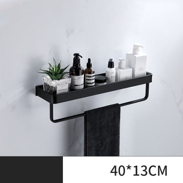 ULA Black Bathroom Shelf 30/40/50/60 cm Kitchen Wall Shelf Shower Holder Storage Rack Towel Bar Robe Hooks Bathroom Accessories Zagiz