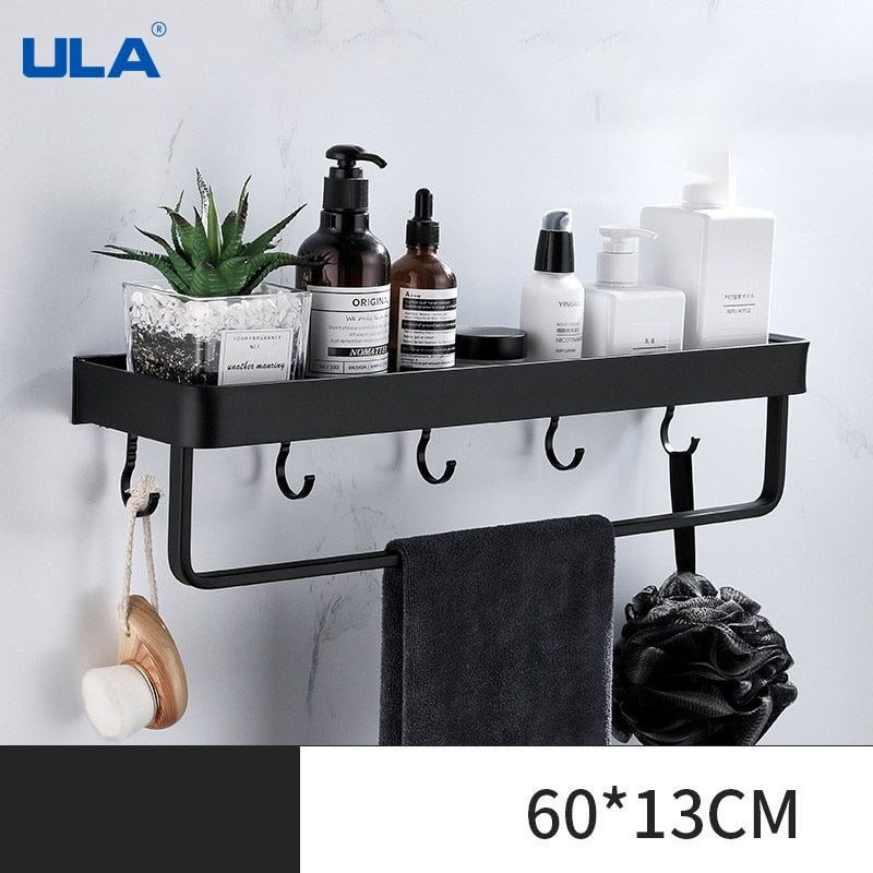 ULA Black Bathroom Shelf 30/40/50/60 cm Kitchen Wall Shelf Shower Holder Storage Rack Towel Bar Robe Hooks Bathroom Accessories Zagiz