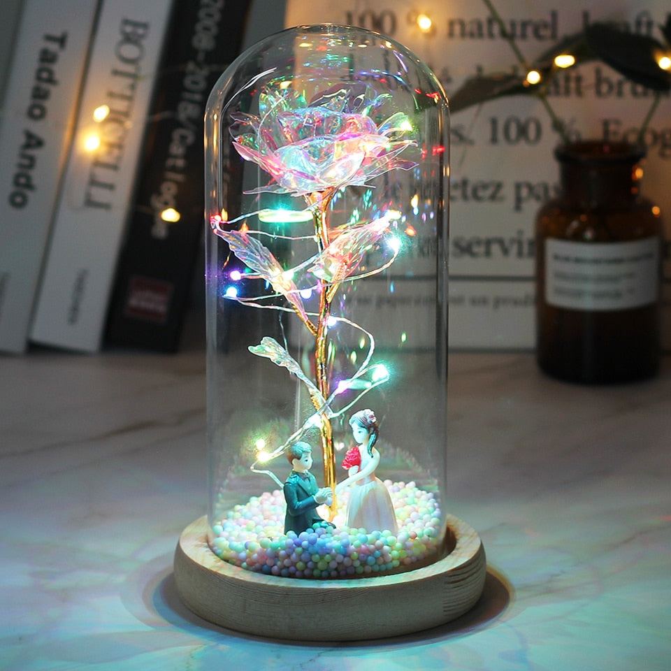 LED Enchanted Galaxy Rose Eternal 24K Gold Foil Flower With Fairy String Lights In Dome Zagiz