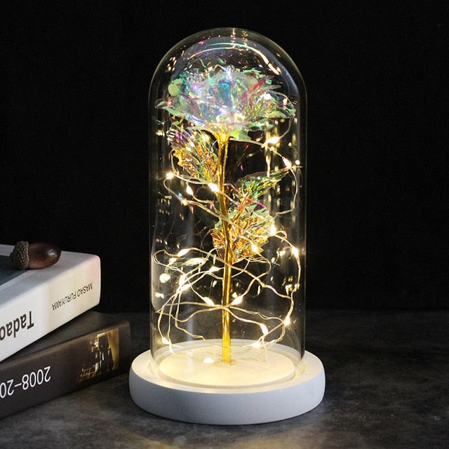 LED Enchanted Galaxy Rose Eternal 24K Gold Foil Flower With Fairy String Lights In Dome Zagiz