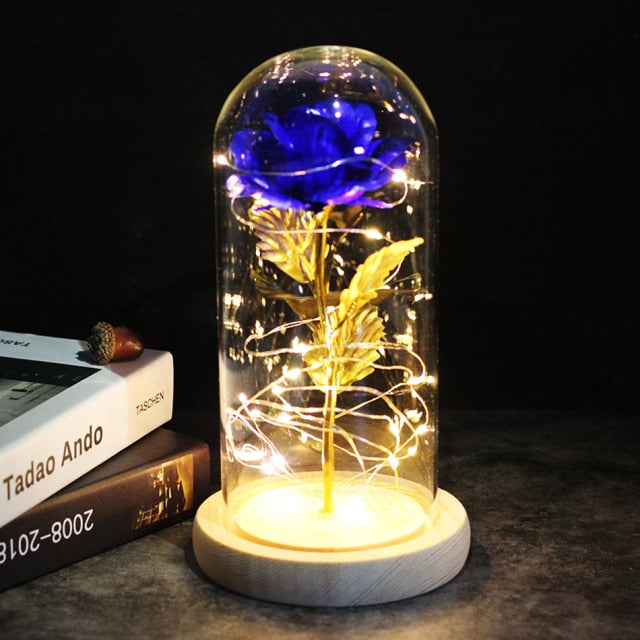 LED Enchanted Galaxy Rose Eternal 24K Gold Foil Flower With Fairy String Lights In Dome Zagiz