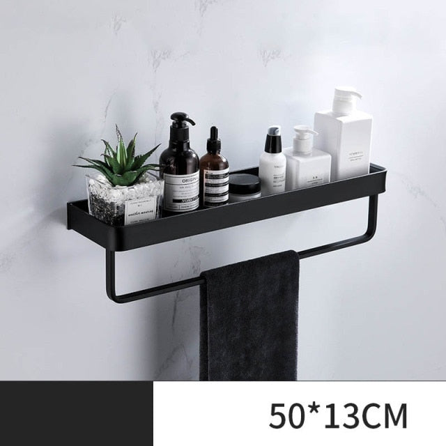 ULA Black Bathroom Shelf 30/40/50/60 cm Kitchen Wall Shelf Shower Holder Storage Rack Towel Bar Robe Hooks Bathroom Accessories Zagiz