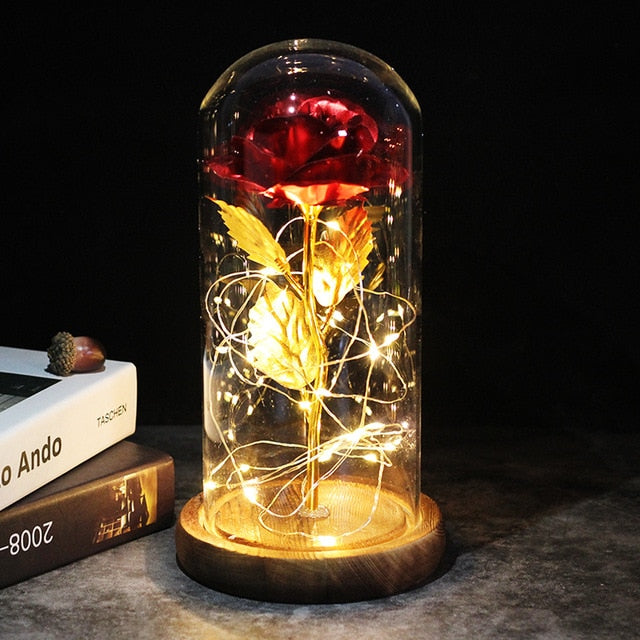 LED Enchanted Galaxy Rose Eternal 24K Gold Foil Flower With Fairy String Lights In Dome Zagiz