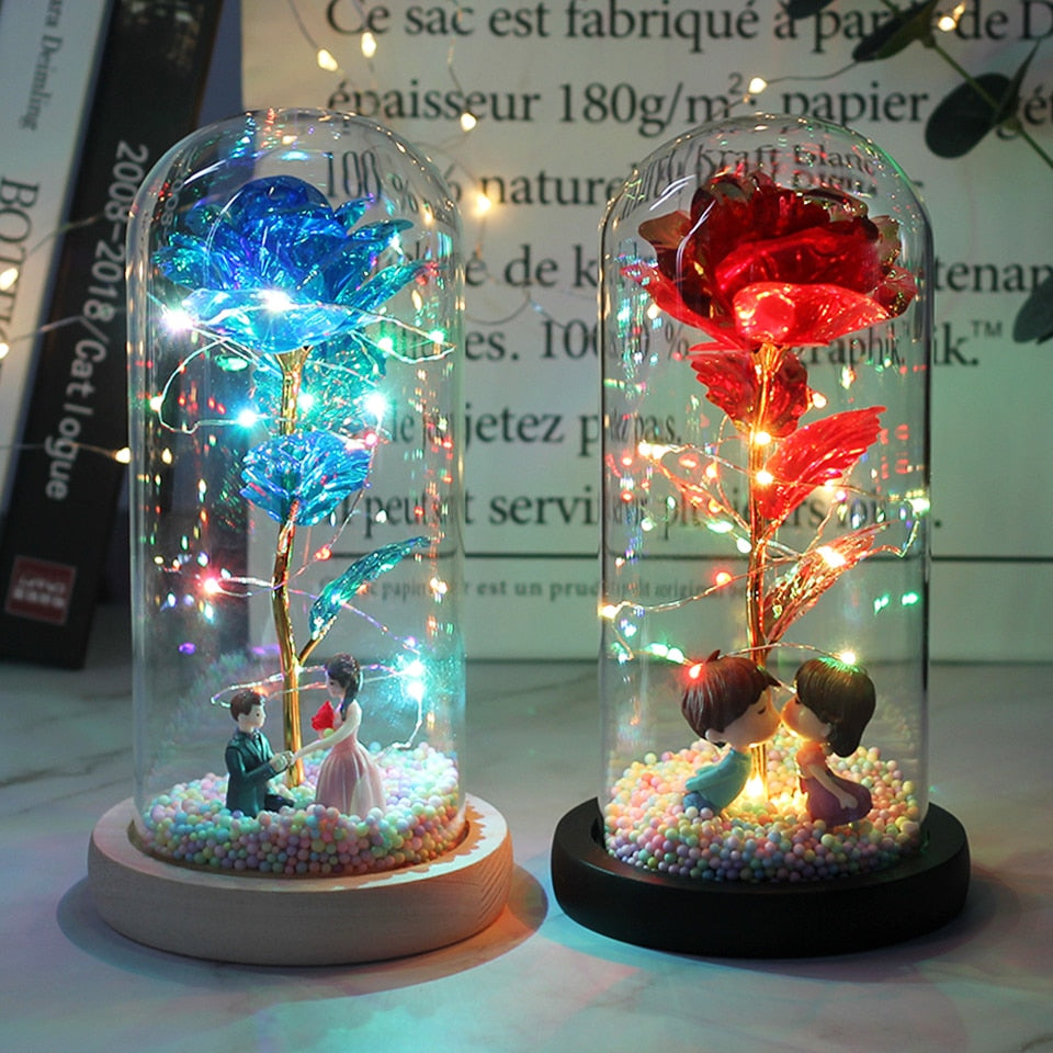 LED Enchanted Galaxy Rose Eternal 24K Gold Foil Flower With Fairy String Lights In Dome Zagiz