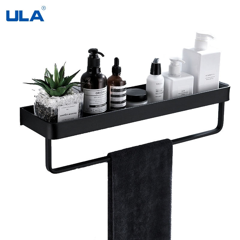 ULA Black Bathroom Shelf 30/40/50/60 cm Kitchen Wall Shelf Shower Holder Storage Rack Towel Bar Robe Hooks Bathroom Accessories Zagiz