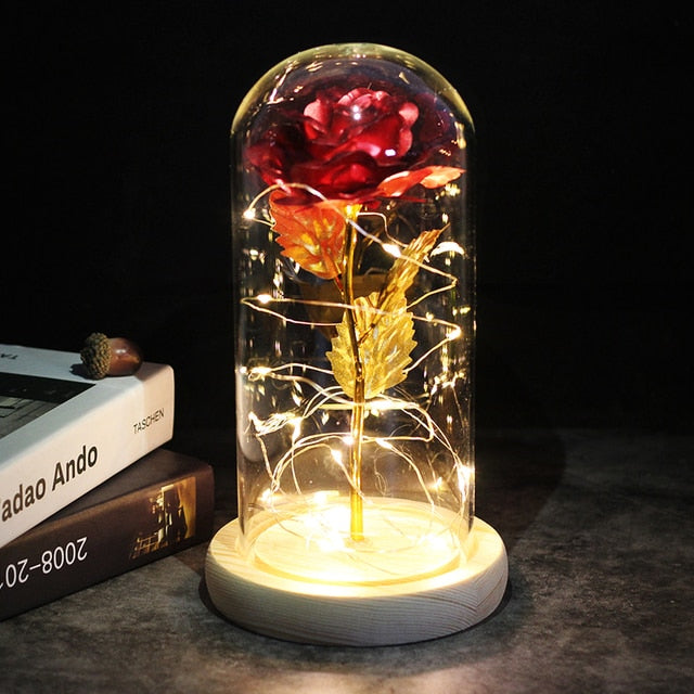 LED Enchanted Galaxy Rose Eternal 24K Gold Foil Flower With Fairy String Lights In Dome Zagiz