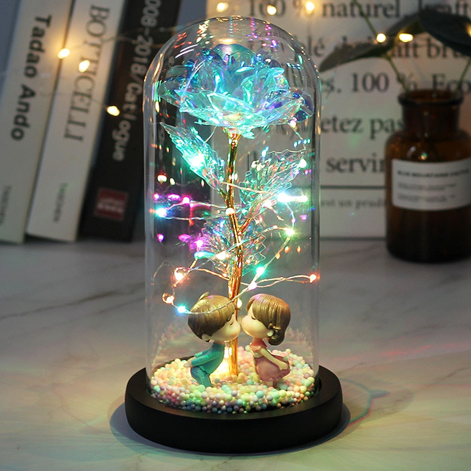LED Enchanted Galaxy Rose Eternal 24K Gold Foil Flower With Fairy String Lights In Dome Zagiz