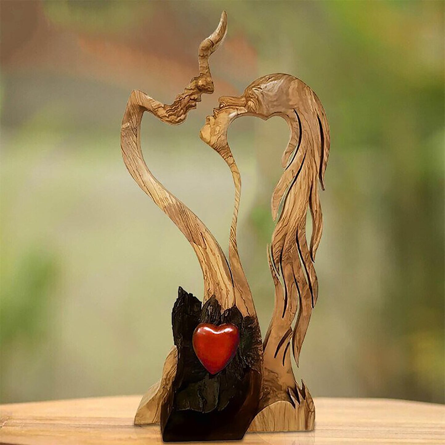 Love Eternal Wood Decoration Craft - Wooden-Heart Sculpture Couple Kissing Statue Zagiz