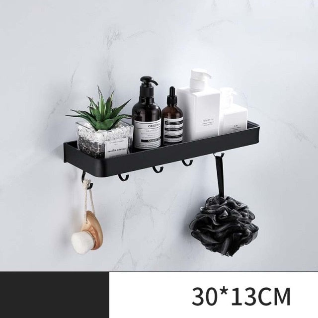 ULA Black Bathroom Shelf 30/40/50/60 cm Kitchen Wall Shelf Shower Holder Storage Rack Towel Bar Robe Hooks Bathroom Accessories Zagiz