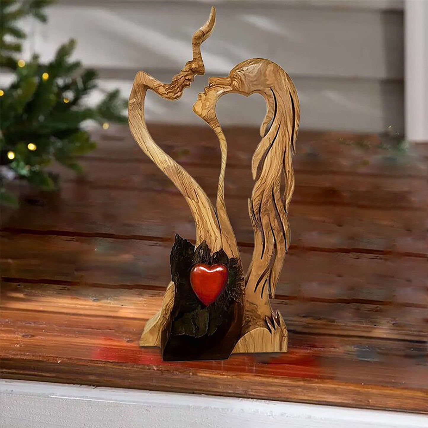 Love Eternal Wood Decoration Craft - Wooden-Heart Sculpture Couple Kissing Statue Zagiz