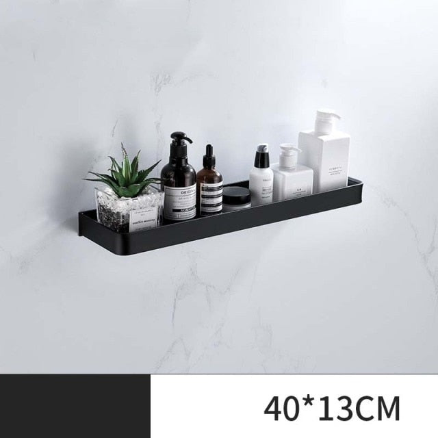 ULA Black Bathroom Shelf 30/40/50/60 cm Kitchen Wall Shelf Shower Holder Storage Rack Towel Bar Robe Hooks Bathroom Accessories Zagiz