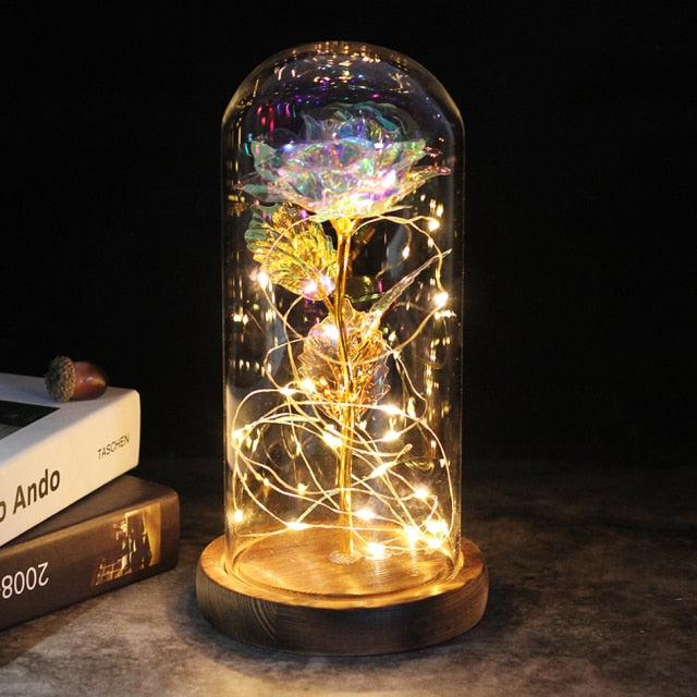 LED Enchanted Galaxy Rose Eternal 24K Gold Foil Flower With Fairy String Lights In Dome Zagiz