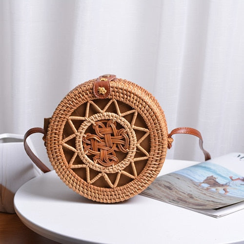 Bali Handmade Woven Rattan Bag - Round Straw Shoulder Bag Women - Summer Crossbody Bag - Boho Beach Circle Bag Zagiz