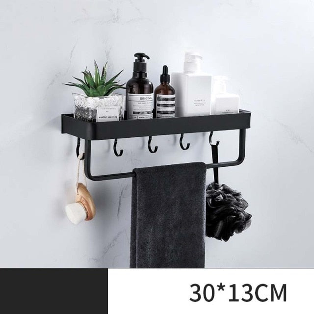 ULA Black Bathroom Shelf 30/40/50/60 cm Kitchen Wall Shelf Shower Holder Storage Rack Towel Bar Robe Hooks Bathroom Accessories Zagiz