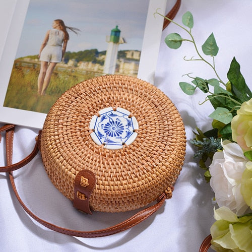 Bali Handmade Woven Rattan Bag - Round Straw Shoulder Bag Women - Summer Crossbody Bag - Boho Beach Circle Bag Zagiz