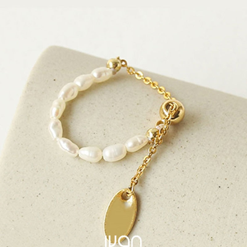 French Simple Retro Pearl Chain Pull Adjustment Gold Ring Zagiz