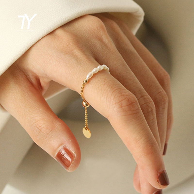 French Simple Retro Pearl Chain Pull Adjustment Gold Ring Zagiz
