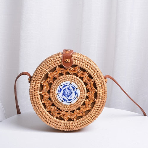Bali Handmade Woven Rattan Bag - Round Straw Shoulder Bag Women - Summer Crossbody Bag - Boho Beach Circle Bag Zagiz