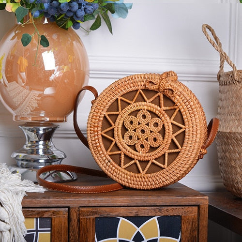 Bali Handmade Woven Rattan Bag - Round Straw Shoulder Bag Women - Summer Crossbody Bag - Boho Beach Circle Bag Zagiz