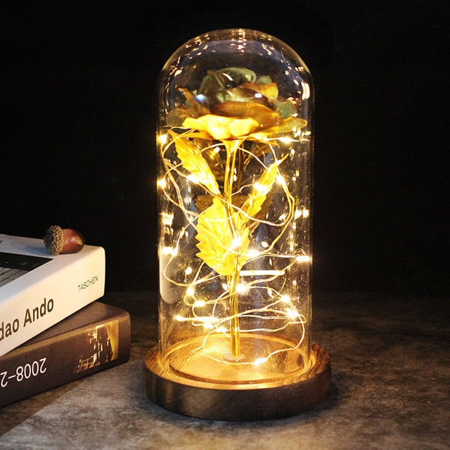 LED Enchanted Galaxy Rose Eternal 24K Gold Foil Flower With Fairy String Lights In Dome Zagiz