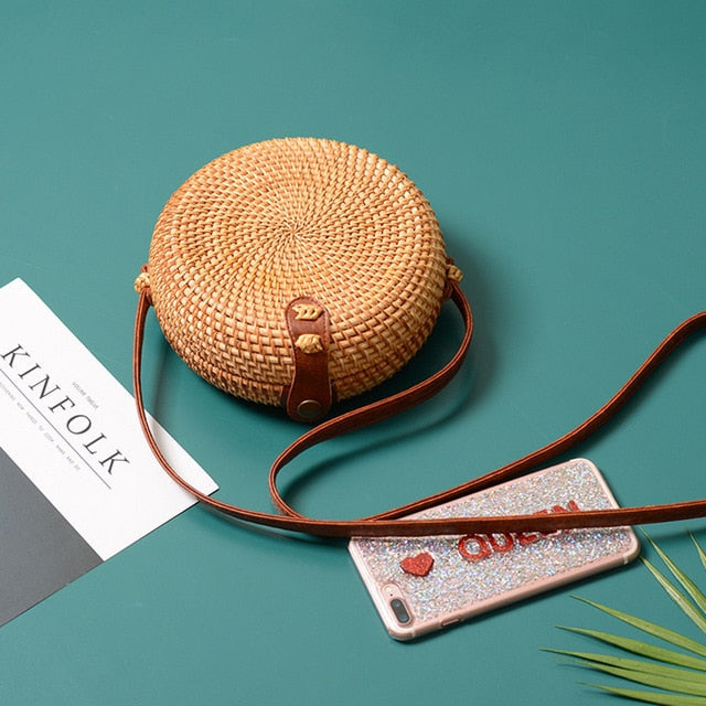Bali Handmade Woven Rattan Bag - Round Straw Shoulder Bag Women - Summer Crossbody Bag - Boho Beach Circle Bag Zagiz