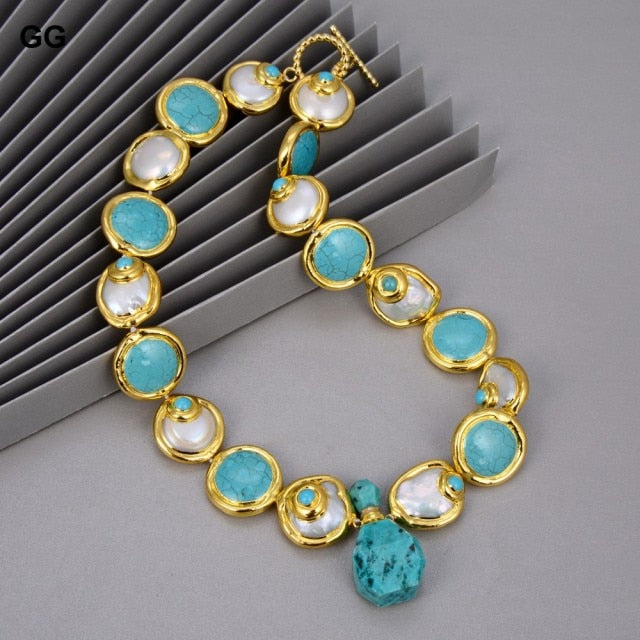 Natural Cultured Baroque Coin Pearl Gold Color Plated Blue Turquoises Necklace Bracelet Earrings Set Zagiz