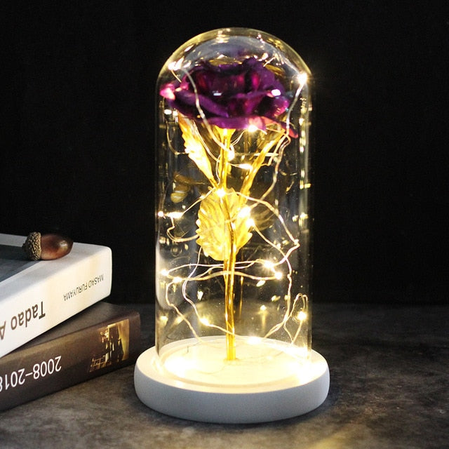 LED Enchanted Galaxy Rose Eternal 24K Gold Foil Flower With Fairy String Lights In Dome Zagiz