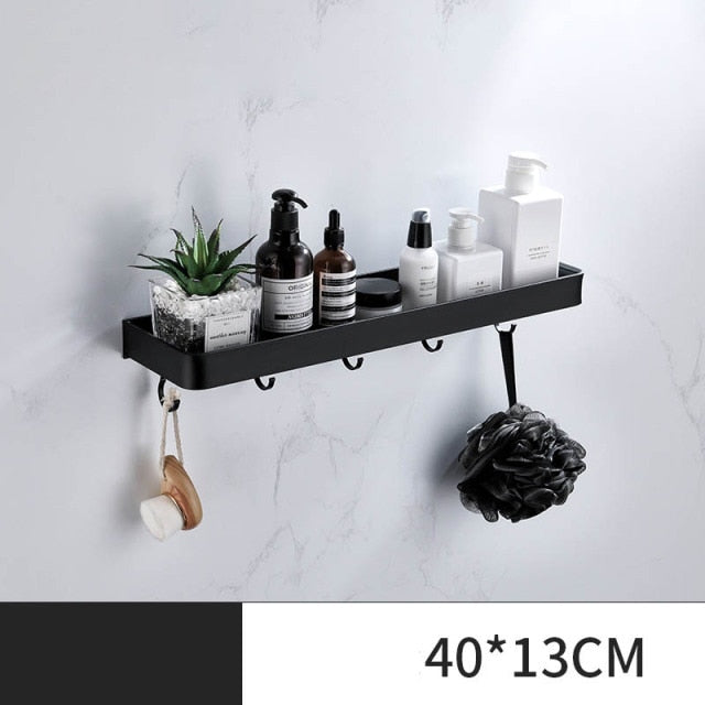 ULA Black Bathroom Shelf 30/40/50/60 cm Kitchen Wall Shelf Shower Holder Storage Rack Towel Bar Robe Hooks Bathroom Accessories Zagiz