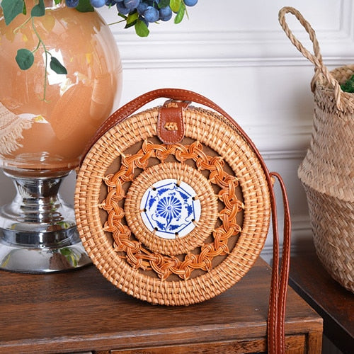 Bali Handmade Woven Rattan Bag - Round Straw Shoulder Bag Women - Summer Crossbody Bag - Boho Beach Circle Bag Zagiz