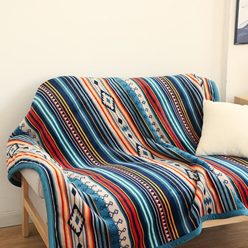 Winter Double Layer Flannel Faux Fleece Throw Blanket Bohemian Colorful Stripes Zagiz