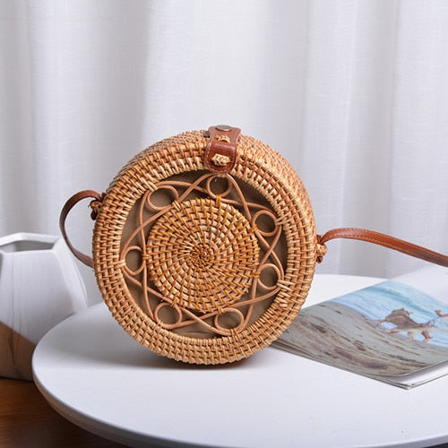 Bali Handmade Woven Rattan Bag - Round Straw Shoulder Bag Women - Summer Crossbody Bag - Boho Beach Circle Bag Zagiz