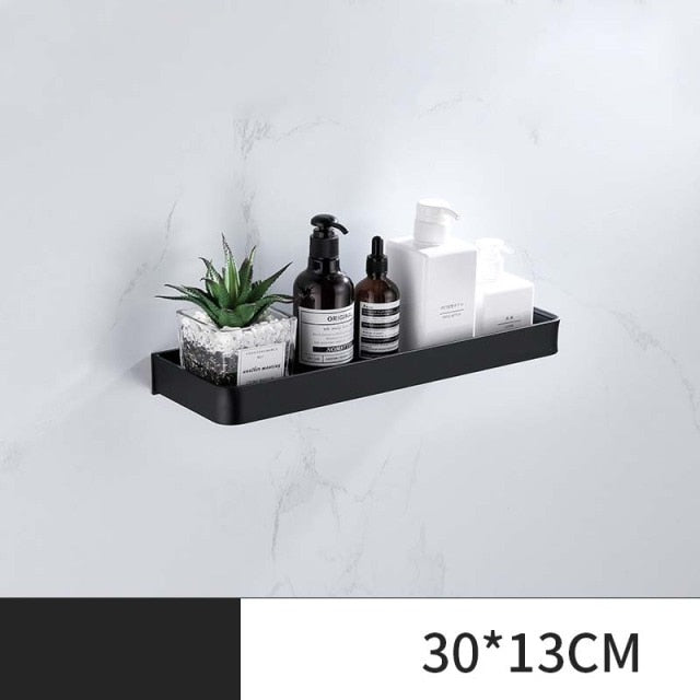 ULA Black Bathroom Shelf 30/40/50/60 cm Kitchen Wall Shelf Shower Holder Storage Rack Towel Bar Robe Hooks Bathroom Accessories Zagiz